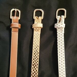Three Thin Women's Belts in White, Tan, and Gold